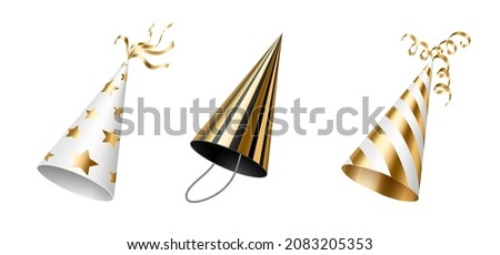 Party hats with gold and black stripes, dots and stars for birthday celebration. Realistic set of funny cone head caps with golden ribbons for holidays and festive. Vector illustration