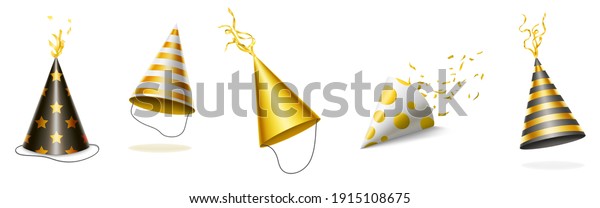 Party hats with gold and black stripes, dots\
and stars for birthday celebration. Vector realistic set of funny\
cone head caps with golden ribbons for holidays and festive\
isolated on white\
background