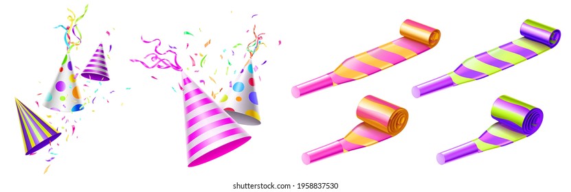 Party hats and horn blowers with color stripes and dots for birthday celebration. Vector realistic 3d set of funny cone head caps with ribbons, whistles and confetti isolated on white background