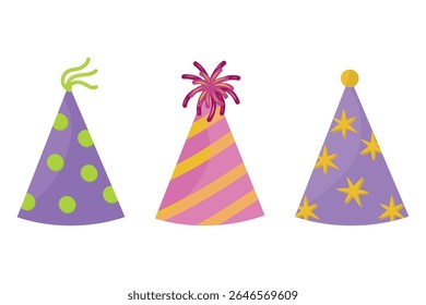 Party hats icon vector set. Birthday party hats on a white background. Hand drawn cone hats, stars, stripes, dots.
