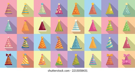 Party hats icons set flat vector. Birthday cap. Celebrate carnival