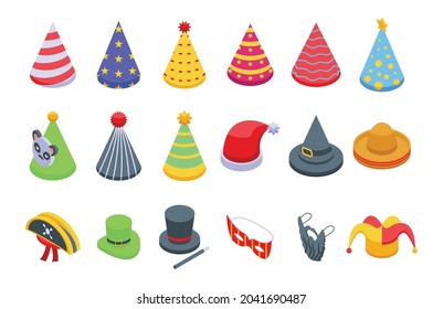 Party hats icons set isometric vector. Birthday cap. Carnival celebrate