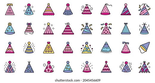 Party hats icons set. Outline set of party hats vector icons thin line color flat isolated on white