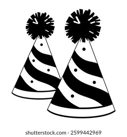 Party hats with pompoms, glyph style illustration