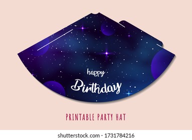 Party hats printable. Space explorer. Print and cut. Happy birthday elements. Vector set of cones template to head for holiday.