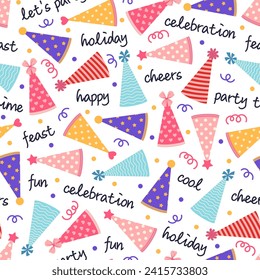 Party hats seamless vector pattern. Cones with stripes, stars, hearts, polka dots. Paper headdress for kids, colorful confetti and text. Caps for birthday, carnival, holiday. Flat cartoon background