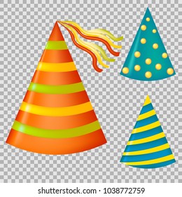 Party hats set, isolated on transparent background. Birthday celebration elements. Festive party elements set. Eps 10