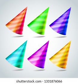 Party Hats Set Vector. Birthday Party Event Elements Decoration. Christmas, Anniversary. Colored Cap. Realistic Illustration