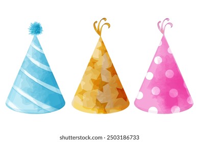 Party hats. Vector funny colorful birthday decorations, set of hats in watercolor style 