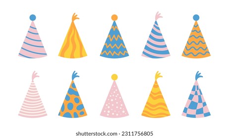 Party Hats vector set. Cute hand drawn decorative illustrations collection of funny hats for birthday, anniversary, event, celebration, poster, greeting card. 