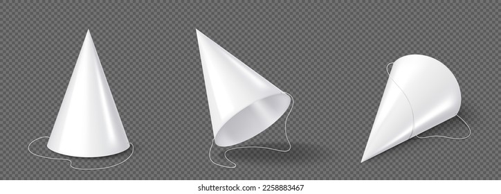 Party hats, white birthday caps mockup in different angle view. Carton cones with elastic for anniversary celebration isolated on transparent background, Realistic 3d vector illustration, icons set