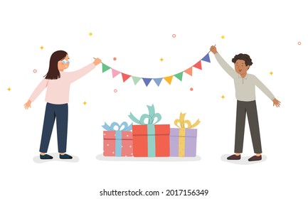 Party have many gift boxes, young woman and man holding colorful flags ribbon for celebrations.