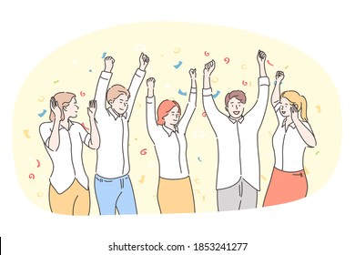 Party, having fun, celebration, holiday concept. Group of happy smiling people friends teens dancing, celebrating holiday and feeling excited with hands raised up together. Fun, win, victory, team