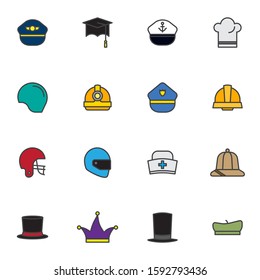 Party headgear elements collection, Carnival headdress flat icons set, Colorful symbols pack contains pilot cap, captain, sailor, chef, helmet, hard hat, beret. Vector illustration. Flat style design