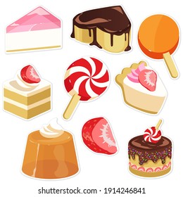 Pastel de cumpleaños de fiesta y conjunto de stickers de lollipop. Ilustración vectorial.