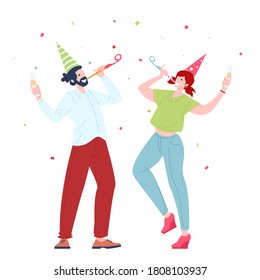 Party holiday. Happy young persons celebrate on corporate holiday. Couple man and woman with festive pipes, caps and champagne dancing. Flat vector illustration.