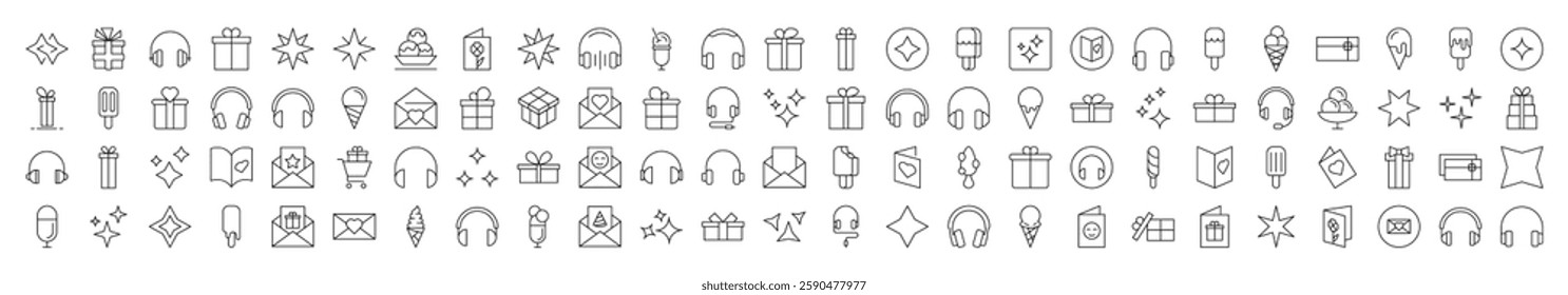 Party, Holiday, Headphones, Postcard Line Icon Set. Editable Stroke. Minimalistic Linear Pictogram for Design of Cards, Apps, Banners, Posts