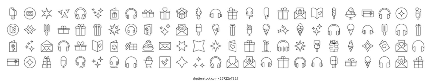 Party, Holiday, Headphones, Postcard Line Icon Collection. Editable Stroke. Minimalistic Linear Pictogram for Design of Cards, Apps, Banners, Posts 