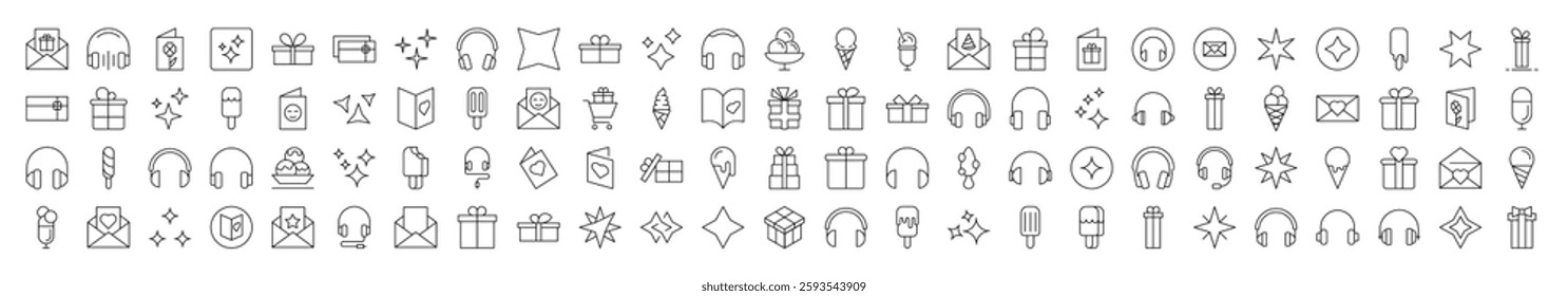 Party, Holiday, Headphones, Postcard Line Icon Pack. Editable Stroke. Minimalistic Linear Pictogram for Design of Cards, Apps, Banners, Posts