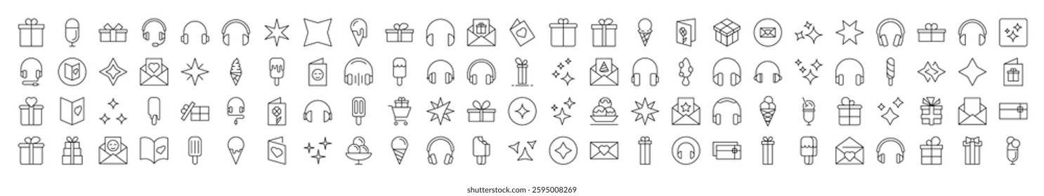 Party, Holiday, Headphones, Postcard Line Icon Bundle. Editable Stroke. Minimalistic Linear Pictogram for Design of Cards, Apps, Banners, Posts
