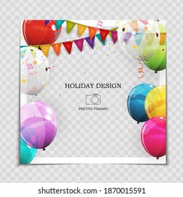 Party Holiday Photo Frame Template with balloons for post in Social Network. Vector Illustration 