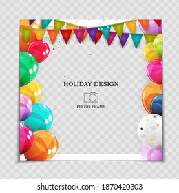 Party Holiday Photo Frame Template with balloons for post in Social Network. Vector Illustration 