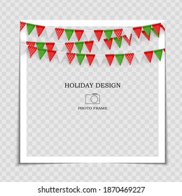 Party Holiday Photo Frame Template with flags for post in Social Network. Vector Illustration 