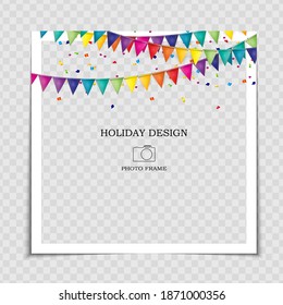 Party Holiday Photo Frame Template with flags for post in Social Network. Vector Illustration 