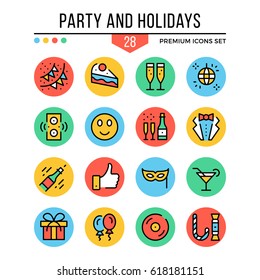 Party and holidays icons. Modern thin line icons set. Premium quality. Outline symbols, graphic elements, concepts, flat line icons for web design, mobile apps, ui, infographics. Vector illustration