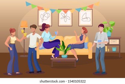 Party at home flat vector illustration. Male and female guests in room interior faceless cartoon characters. Dance, relax, communication. Friendly celebration. Entertainment, holiday, festive concept