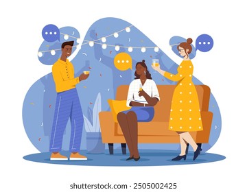 Party at home. Man and woman with alcoholic drinks in apartment. Disco and event, holiday. Students with night life. People with champagne. Flat vector illustration isolated on white background