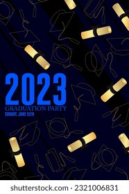 Party in honor of class of 2023 Graduates. Vector design invitation card for college graduate template. Graduation event, greeting, yearbook background with icon elements.