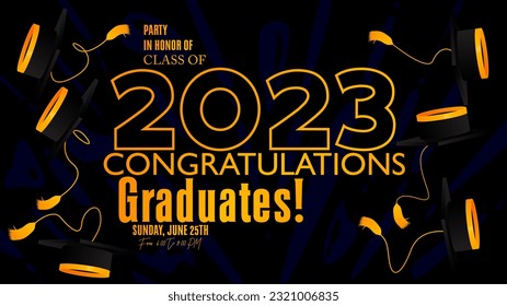 Party in honor of class of 2023 Graduates. Vector design invitation card for college graduate template. Graduation event, greeting, yearbook background with icon elements.