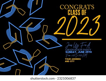 Party in honor of class of 2023 Graduates. Vector design invitation card for college graduate template. Graduation event, greeting, yearbook background with icon elements.