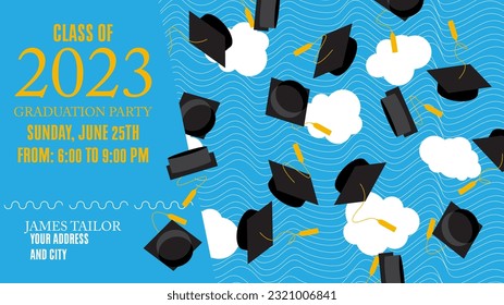 Party in honor of class of 2023 Graduates. Vector design invitation card for college graduate template. Graduation event, greeting, yearbook background with icon elements.