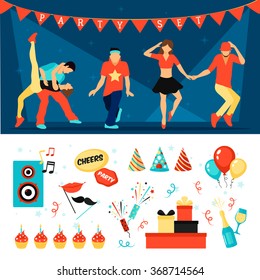 Party horizontal banner set with dancing people flat isolated vector illustration