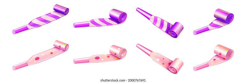 Party horn blowers with color stripes and dots for birthday celebration. Vector realistic 3d set of purple and pink whistles, noisemakers isolated on white background