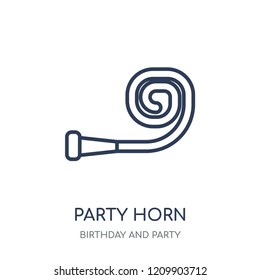 Party horn icon. Party horn linear symbol design from Birthday and Party collection. Simple outline element vector illustration on white background.