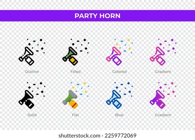 Party horn icons in different style. Party horn icons set. Holiday symbol. Different style icons set. Vector illustration