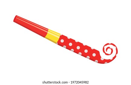 Party Horn Isolated On White Background. Unrolling Red Polka Dot Blower. Noisemaker Side View. Sound Whistle For Birthday Celebration. Vector Cartoon Illustration.