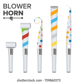 Party Horn Set Vector. Color Penny Whistle. Top View. Isolated