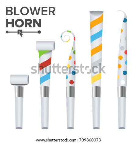 Party Horn Set Vector. Color Penny Whistle. Top View. Isolated