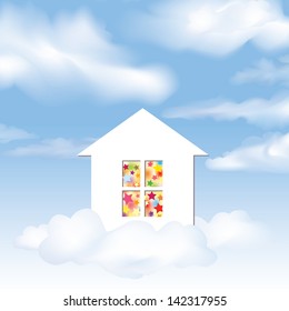 Party house. Dream concept. Blue sky with clouds
