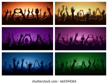 Party human hands silhouette music festival or concert streaming down from above stage fan zone vector illustration