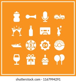 party icon. 16 party vector set. doughnut, toasts, cassete and present icon icons for web and design about party theme