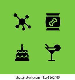 party icon. 4 party set with molecular, snack, cocktail and happy birthday vector icons for web and mobile app