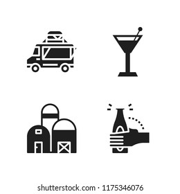 party icon. 4 party vector icons set. celebration, cocktail cup and barn icons for web and design about party theme