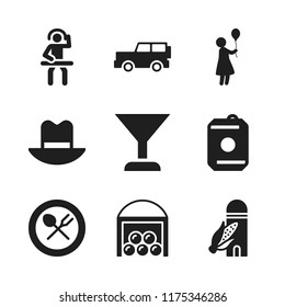 party icon. 9 party vector icons set. drink, barn and hat icons for web and design about party theme