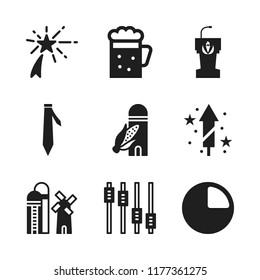 party icon. 9 party vector icons set. black tie, quarter and fireworks icons for web and design about party theme