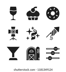party icon. 9 party vector icons set. donut, barn and fireworks icons for web and design about party theme